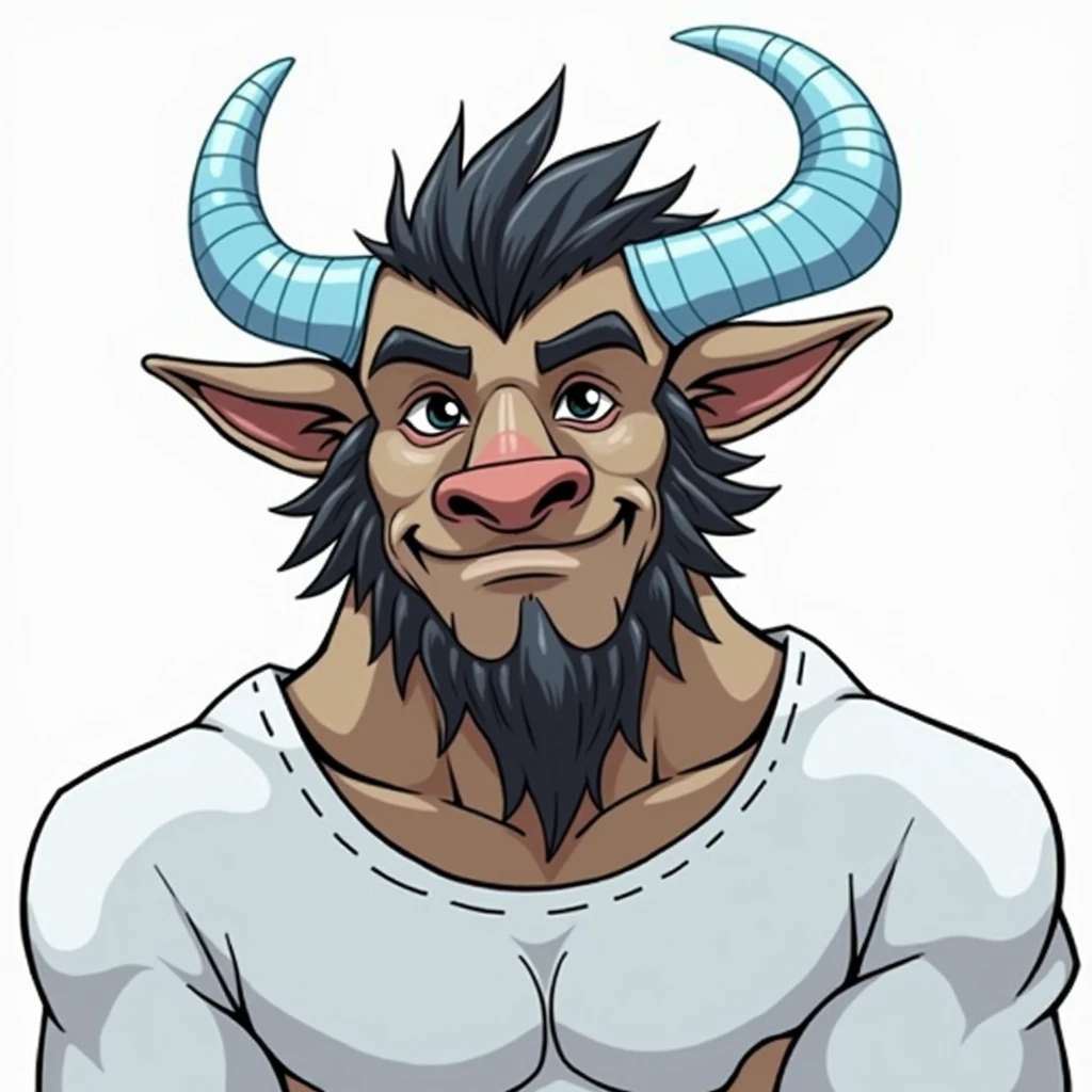 (Minotaur) mancon cabeza de toro , ( face with friendly expression) man , arms intertwined , (semi-muscular body build, design similar to the image prompts, 