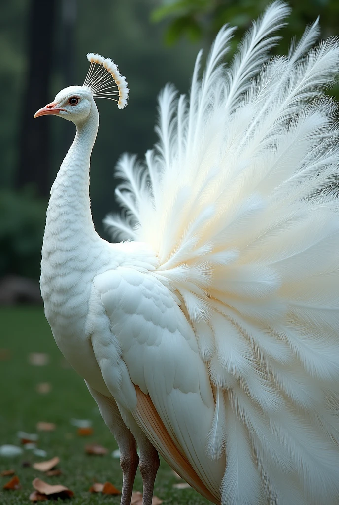 White peacock with big feathers、The face is turned to the side