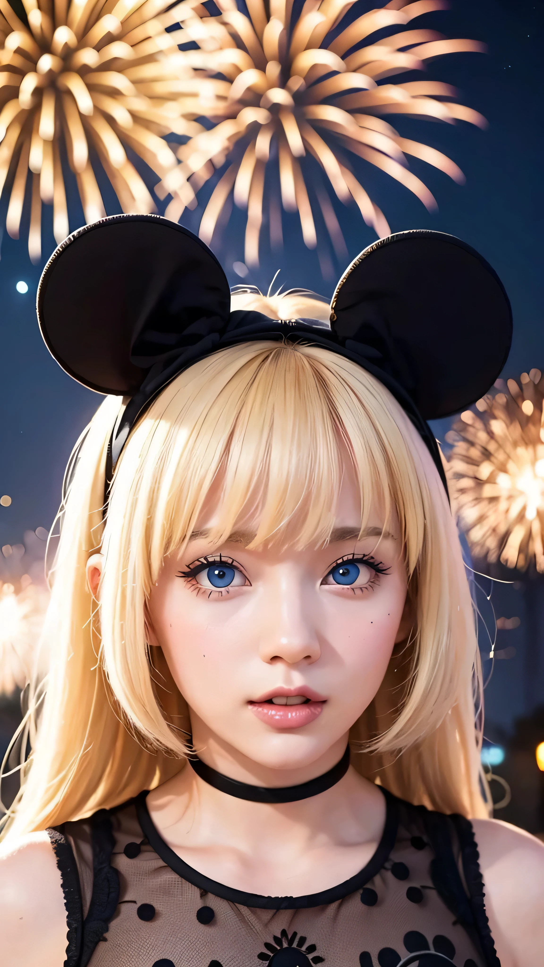 Bustling Disney World、firework、blonde、big 、blue eyes、High nose、Minnie Mouse、The most erotic sexual climax