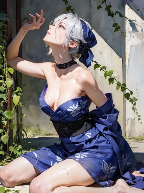 {erotic face,anguish,(patience:1.1),(very ecstasy:1.2),(writhing:1.4),embarrassing,half open eye},{(blue glowing eyes:1.4),(sensual look:1.4)},BREAK,{(obscene pose:1.2),(arched back:1.2),(arch one's head:1.4)},BREAK,{(realistic photo graphic style:1.2),(watercolor image:1.4),(sketch drawing),overall light color},{(simple configuration:1.1),(look away:1.2)},{(Part of the stucco wall is ivory_white_brick),(ivy crawl on the wall:1.4)},BREAK,{(butterfly pattern on pearl_colored yukata:1.4),(disheveled yukata:1.4)},BREAK,{(clavicle:1.2),(cleavage between breasts:1),(shoulder:1.2),(thigh:1.4),(armpits:1),(sweat on the neck:1.2),Fascinating nape},BREAK,{(solo, YoRHa type of Nier Automa):1.2, (white_silver colored hair:1.4), short cut hair, (blue glowing eyes:1.4),(black bandana in hair:1.5)},BREAK,{(masterpiece,best quality, 8K UHD, extremely detailed CG, detailed beautiful face and eyes and skin and hair)}