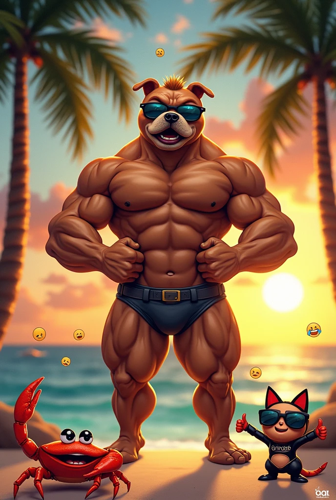Create an epic and hilarious meme with a muscular anthropomorphic dog (muscular dog) with an exaggerated bodybuilder physique, flexing his muscles and wearing comically small sunglasses. He stands confidently on a tropical beach, Striking a heroic pose. Beside him, position a surprised and slightly envious influencer in the Catwoman style, her eyes wide and jaw dropped, wearing a cat ears headband and holding a selfie stick with a phone displaying "0 followers." The background should show a vibrant sunset over the ocean, with palm trees bending impossibly to frame the characters. Add floating emojis (💪😺🏖️) around them for a social media sensation. Em primeiro plano, put a little crab wearing big sunglasses, giving a thumbs up to muscular dog. Stylize your scene with a mix of hyper-realistic rendering and comic book art, with bold contours and exaggerated features. Use a wide angle lens (24mm) to capture the entire scene, emphasizing the characters' expressions and the comic contrast between them. Apply a slight tilt-shift effect to focus on characters, keeping the background slightly blurred. Enhance lighting to create a golden hour glow, highlighting muscular dog's muscles and Catwoman's shiny costume. The caption should be read: "When Your Gym Routine Finally Pays Off... but their social media game is still catching up! 😂💪📱" Add a call to action: "Drop a 💪 if you're team muscular dog or a 😺 if you're team Catwoman! Who's winning the summer??"
