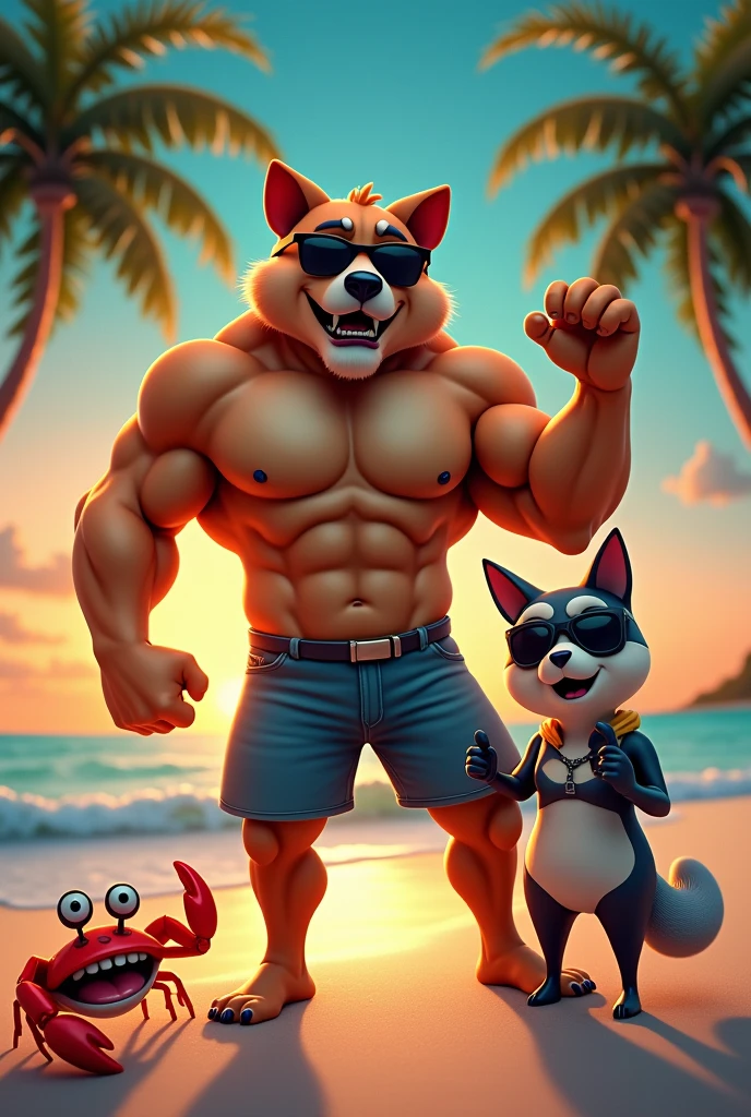 Create an epic and hilarious meme with a muscular anthropomorphic dog (muscular dog) with an exaggerated bodybuilder physique, flexing his muscles and wearing comically small sunglasses. He stands confidently on a tropical beach, Striking a heroic pose. Beside him, position a surprised and slightly envious influencer in the Catwoman style, her eyes wide and jaw dropped, wearing a cat ears headband and holding a selfie stick with a phone displaying "0 followers." The background should show a vibrant sunset over the ocean, with palm trees bending impossibly to frame the characters. Add floating emojis (💪😺🏖️) around them for a social media sensation. Em primeiro plano, put a little crab wearing big sunglasses, giving a thumbs up to muscular dog. Stylize your scene with a mix of hyper-realistic rendering and comic book art, with bold contours and exaggerated features. Use a wide angle lens (24mm) to capture the entire scene, emphasizing the characters&#39; expressions and the comic contrast between them. Apply a slight tilt-shift effect to focus on characters, keeping the background slightly blurred. Enhance lighting to create a golden hour glow, highlighting muscular dog's muscles and Catwoman's shiny costume. The caption should be read: "When Your Gym Routine Finally Pays Off... but their social media game is still catching up! 😂💪📱" Add a call to action: "Drop a 💪 if you're team muscular dog or a 😺 if you're team Catwoman! Who&#39;s winning the summer??"       