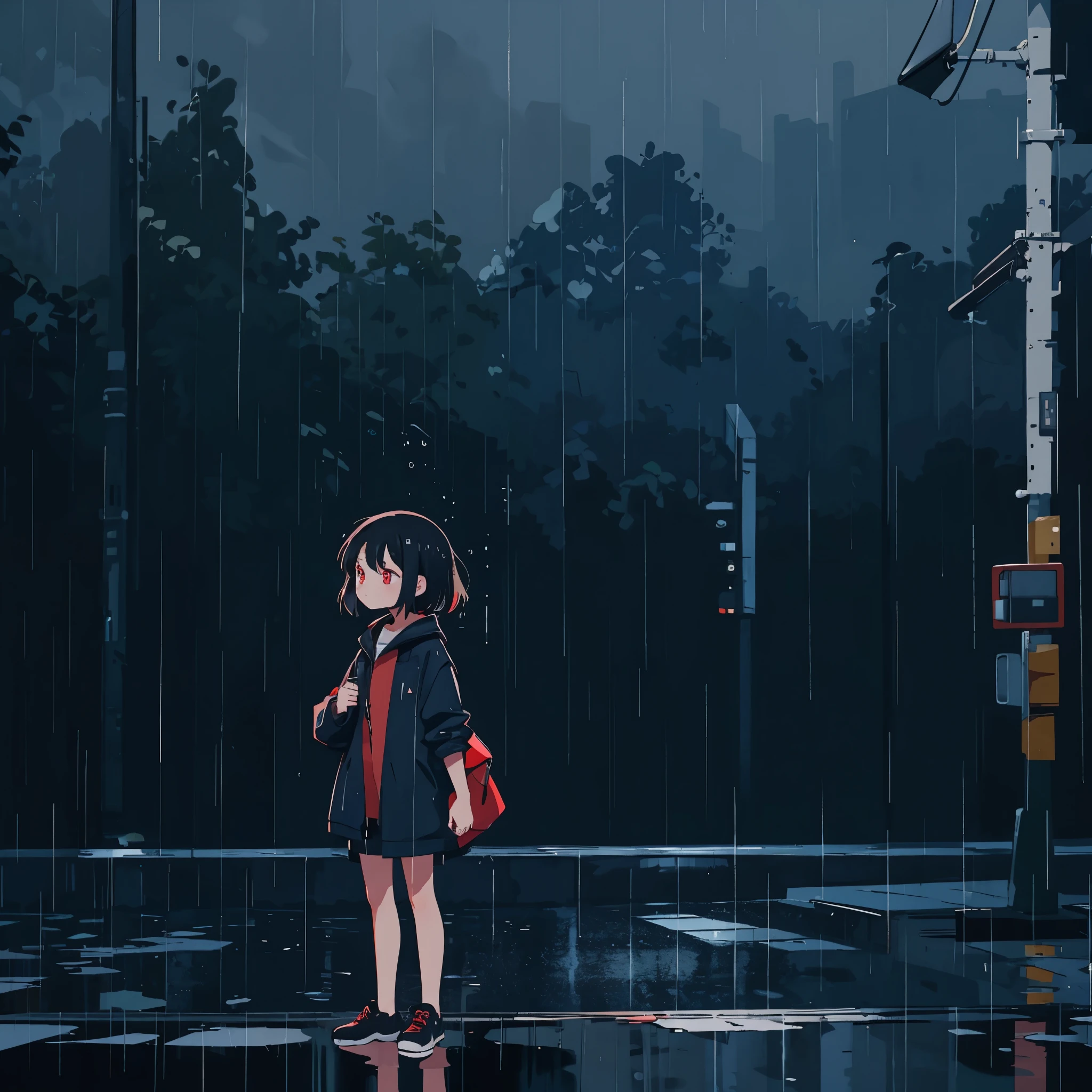 A black-haired girl，Red eyes，Back to camera，Standing alone on the street，rain，Dark blue atmosphere，Continuous rain，Telephoto