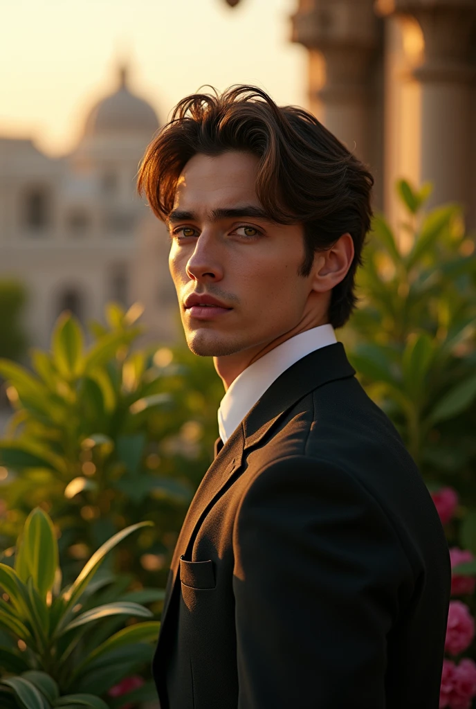 A man in a rooftop garden, (best quality,4k,8k,highres,masterpiece:1.2),ultra-detailed,(realistic,photorealistic,photo-realistic:1.37),dreamy, serene, peaceful, warm sunset lighting, lush greenery, beautiful detailed eyes, beautiful detailed lips, extremely detailed face, long eyelashes, elegant pose, intricate architectural details, cinematic composition