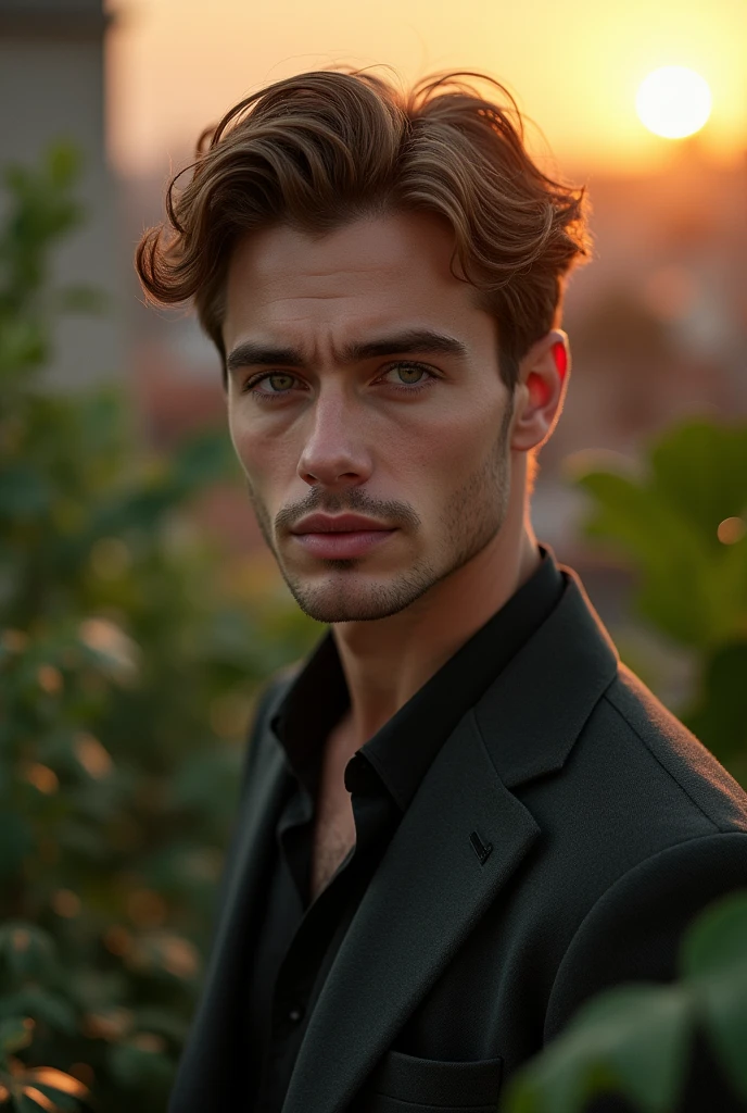A man in a rooftop garden, (best quality,4k,8k,highres,masterpiece:1.2),ultra-detailed,(realistic,photorealistic,photo-realistic:1.37),dreamy, serene, peaceful, warm sunset lighting, lush greenery, beautiful detailed eyes, beautiful detailed lips, extremely detailed face, long eyelashes, elegant pose, intricate architectural details, cinematic composition