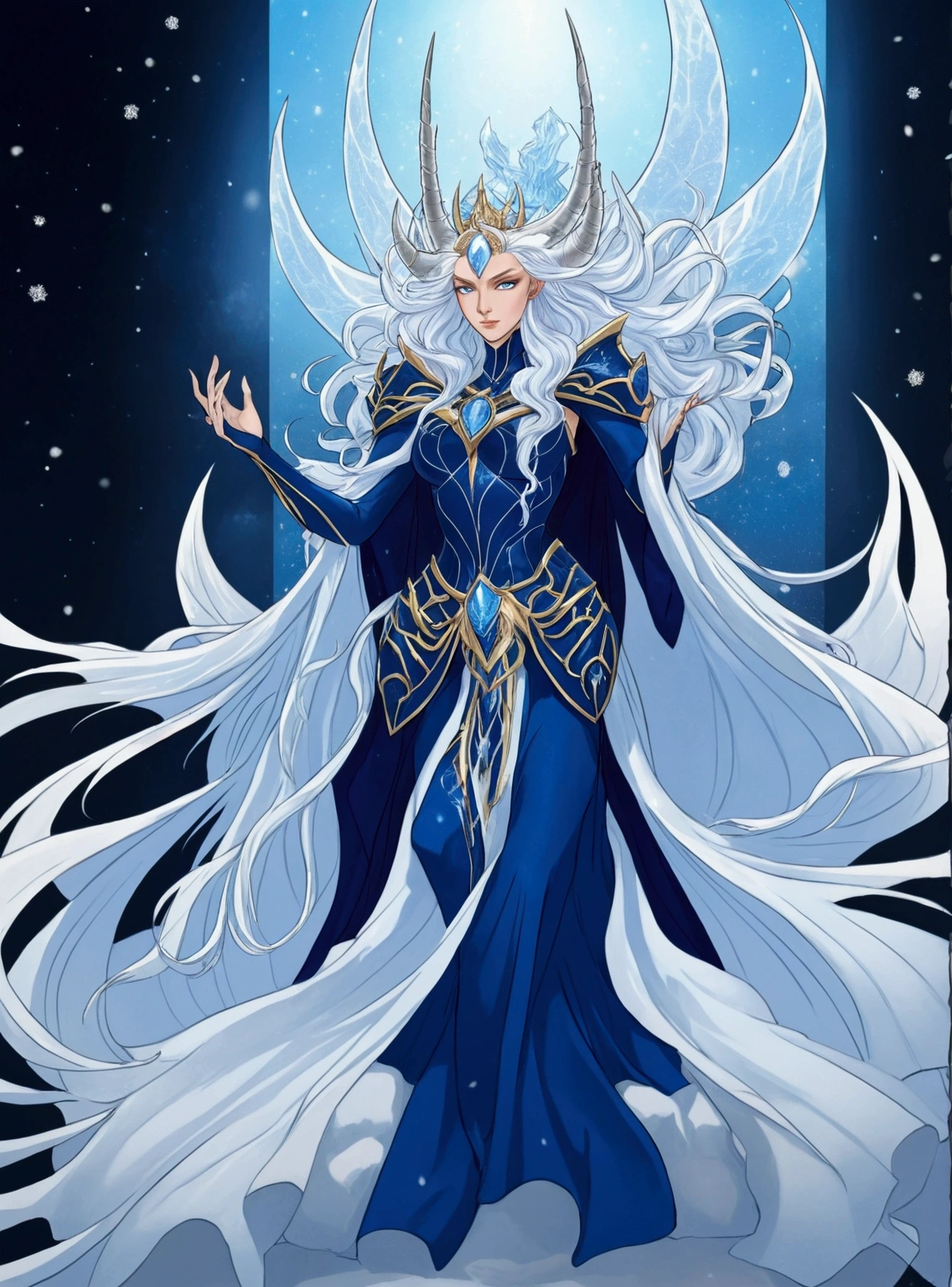 a cartoon of a woman in a blue dress sitting on a throne, white haired deity, lolth, white horns queen demon, queen of ice and storm, goddess of light, portrait of queen of light, knights of zodiac girl, saint seiya, anime goddess, masterpiece goddess of sorrow, sliver ice color reflected armor, god of winter
