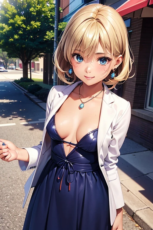 #Basics A girl is posing for a photo, (((One Girl))), (((Baby Face:1.4)) + ((cute:1.4)) + (())),
break
#Clothing Accessories
((Light blue dress : Flared long skirt + A neat feeling)) + ((White long jacket)) + (White high heel sandals),
(red gem earrings), (Silver Necklace),
break
#Features
((Blonde:1.2)) + ((Very long side bangs)) + ((ponytail : Short Hair + Voluminous Hair + Hair curled outside + Tied up with a red string ribbon)),
((Droopy eyes:1.4, Big eyes:1.2), blue eyes), (Small breasts:1.2), (Neutral facial features),
break
#background environment
((noon, Sunlit sidewalk in downtown + street tree)),
#Facial Expression Pose
(smile, blush), (Model pose),
#composition
(Face the camera), ((Character Focus), (Angle from the front), (Cowboy Shot)),
break
#Body parts elements
(Slim figure),
(Symmetrical facial features),
(Detailed Hair, Beautiful Hair, Shiny Hair),
(double eyelid, Long eyelashes, Thin eyebrows:0.5, Thin eyebrows:0.5),
(Expression of fine eyes, Beautiful and delicate eyes, Sparkling eyes, Eye Reflexes, Glitter Eyeliner),
(Human Ear),
(Beautiful Nose, Thin Nose),
(Glossy Lips, Beautiful Lips, Thick lips),
(Detailed skin, Textured skin, Beautiful Skin, Oily skin),
break
#Quality Image Quality Common
(((Highest quality)), ((masterpiece:1.3)), ((Very detailed))), ((Ultra-high resolution)), ((16K, 1080P)), ((Full HD)),
(Anatomically correct), (Realistic), (3DCG), (Oil painting),
((comics, anime)), (CG illustration), (RAW Photos),