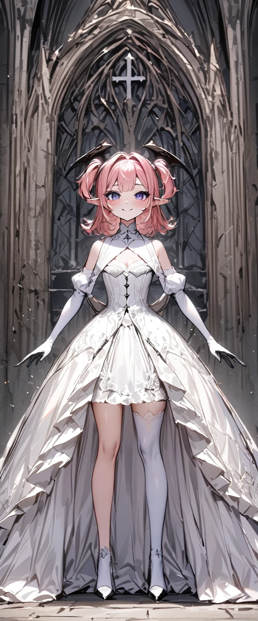 UHD, masterpiece, best quality, extremely detailed, anatomically correct, sharp focus, Midnight, Church , altar isle, 1girl, solo, (close-up), camilavtuber, pink hair, short hair, shoulder length hair, (black head wings:1.5) , (twin ponytail), purple eyes, facial mark, smiling, 1 devil wing on the back, choker with crucifix design, slim arms, white arm sleeves, white gloves, small chest, wedding gown), white stockings, slim long legs, white high heels, standing up, standing upright, full body shot, full body pose, innocent pose, Eye-Level Shot, front view, innocent pose