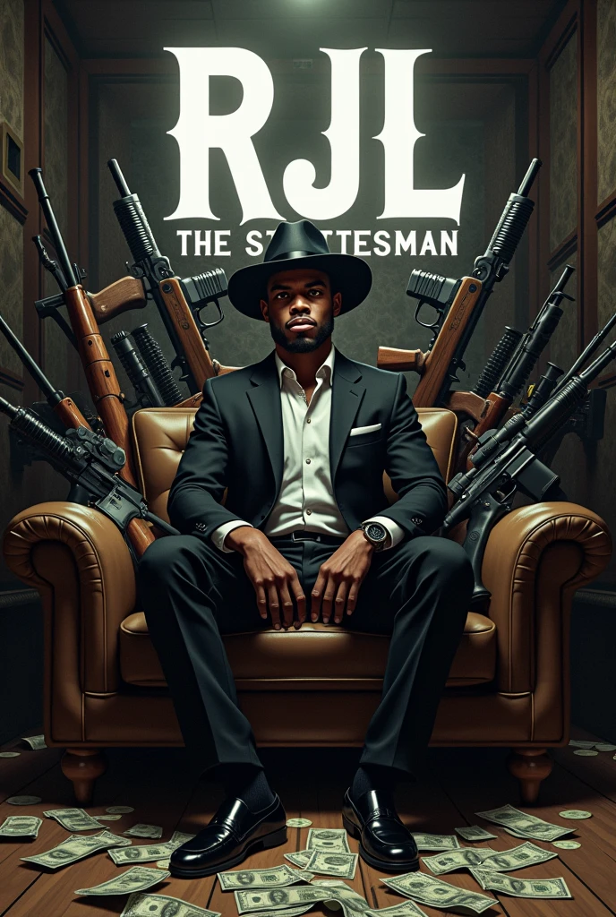 Serious young brownish black male wearing black suites, wearing white button shirt,black slatter shoes,and cowboy cap sitting on a couch inside a building surrounded by all kinds of weapons .
ALSO, show this name (RJL The Statesman ) on the background in huge font with money flowing on the floor