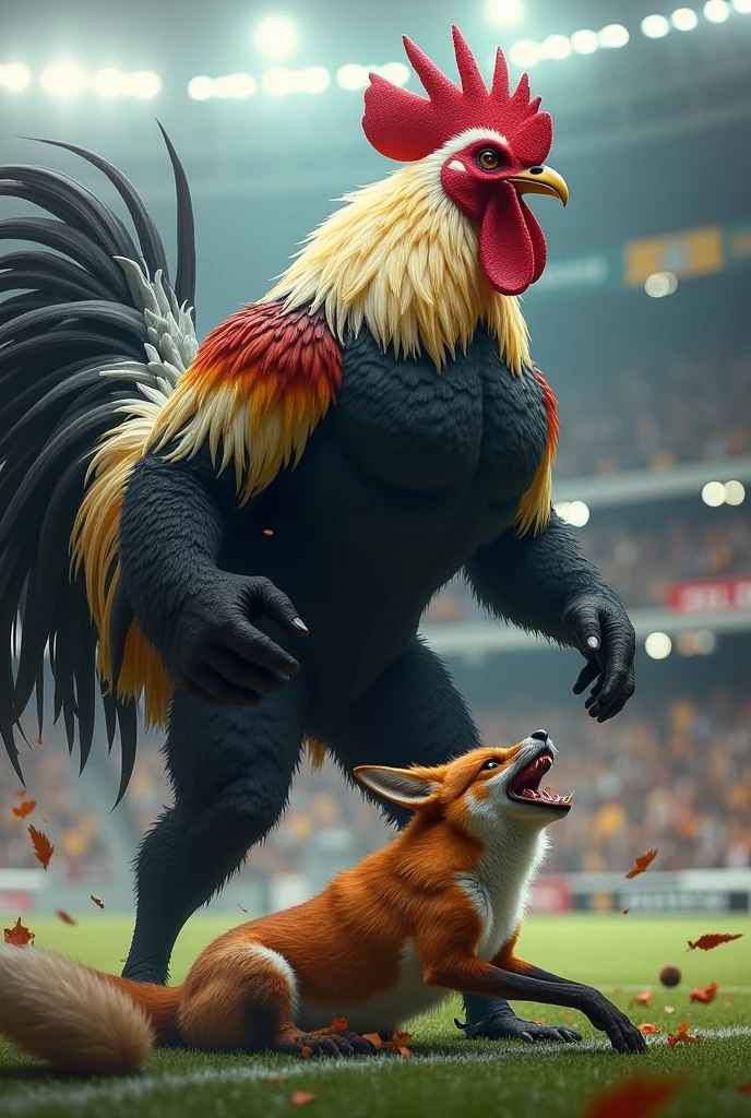 A very large, strong, muscular, black, white and gold feathered ROOSTER in human form beating an injured and crying fox inside a football stadium with the Atlético Mineiro symbol in the background. 