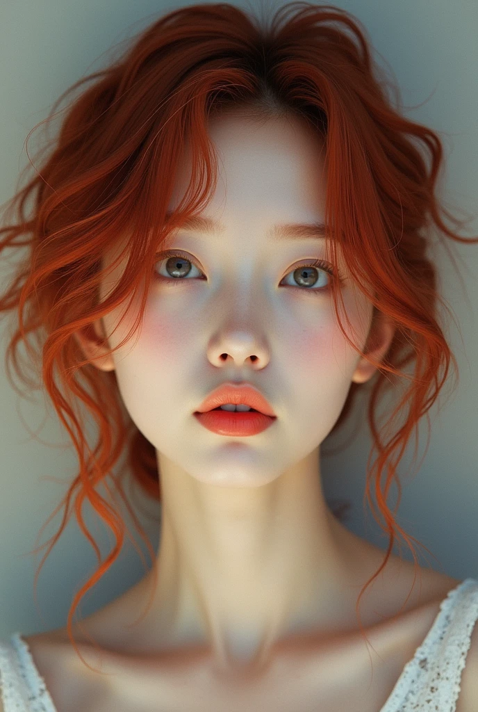 A woman with features of singer IU, with curly and loose red hair, with gray eyes.