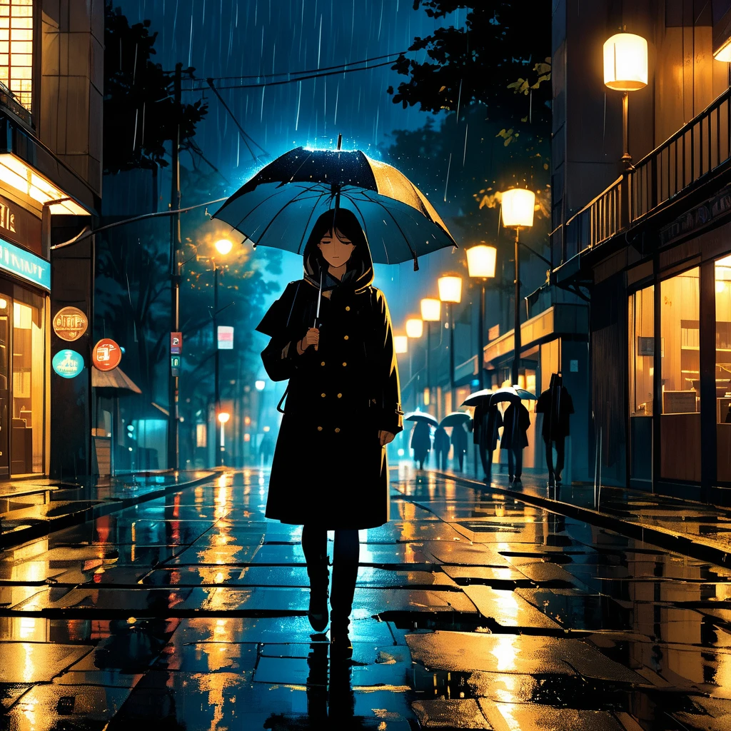 A serene and emotional scene depicting a late-night cityscape with cold streets and dark skies filled with rain. In the foreground, a warm light symbolizing comfort and guidance shines, illuminating the path. The imagery captures the feeling of overcoming challenges with love and support, showing a figure walking confidently, holding an umbrella under the rain. The atmosphere is reflective and hopeful, emphasizing themes of resilience, love, and clarity.