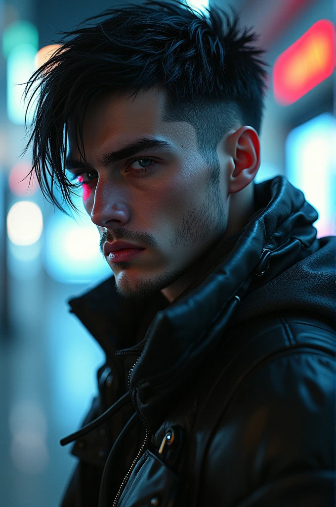 Oc cyberpunk man with modifications futuristic with black hair