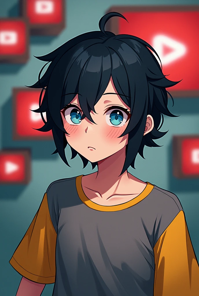 Create minecraft logo with black hair and gray and yellow t-shirt into youtube logo have a earport blue eye