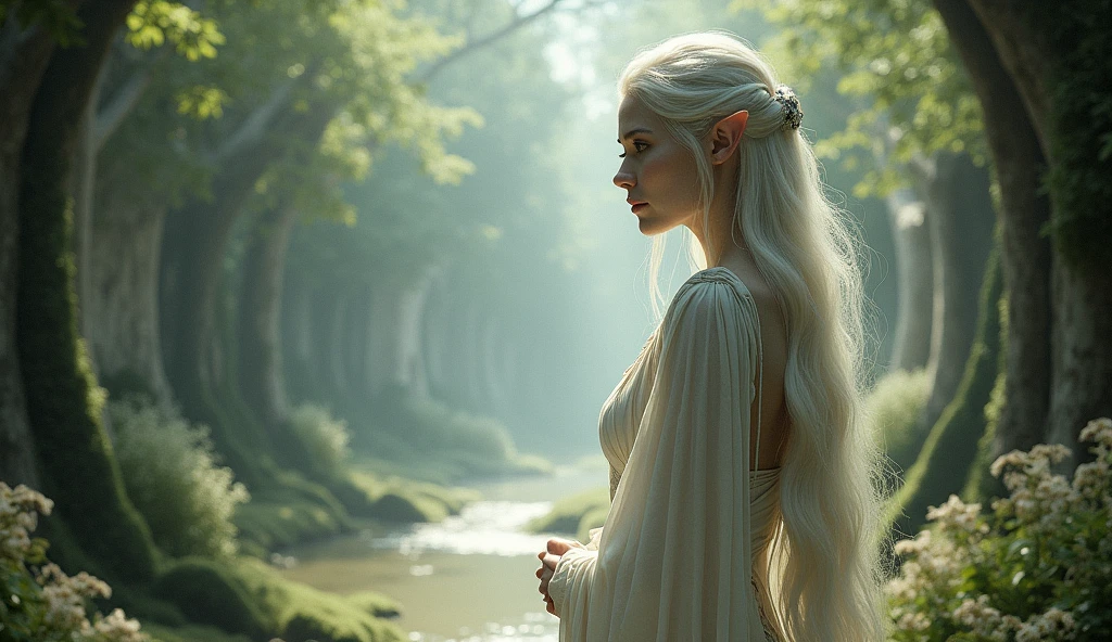 Beautiful and etheral Elfic princess Galadriel (played by Cate Blanchett) white skin, the Grey Havens elfic Capital of the High Elves, Elven region ruled by Gil-galad, lord of the rings vibes