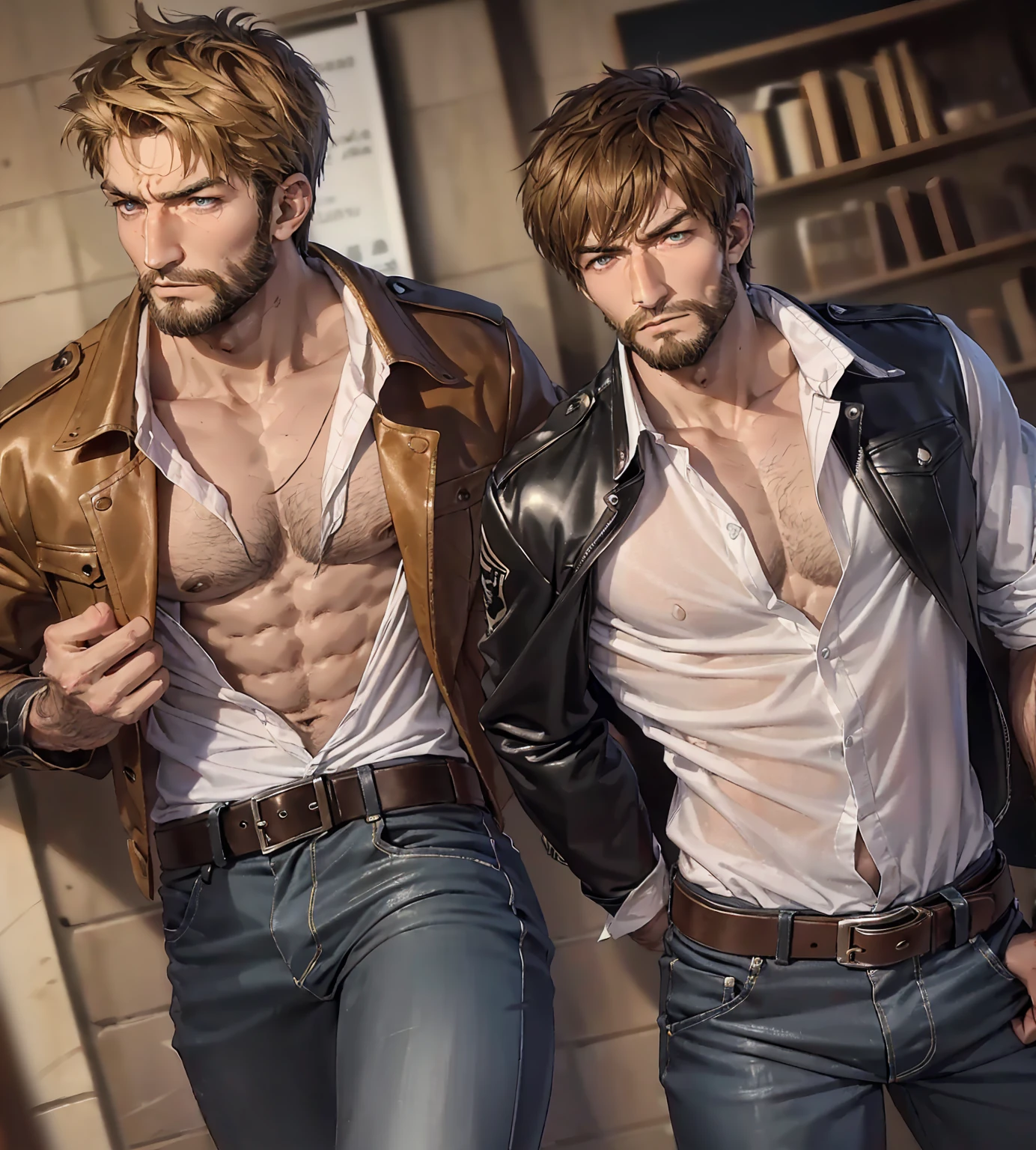 Draw a tall, full-bodied man with short brown hair and an unshaven beard. His face is marked by scars and wrinkles, the result of years of battle and suffering. He wears a worn-out leather jacket and tattered jeans. At his waist is a sharp machete and an antique pistol. His brown eyes express determination and sadness.