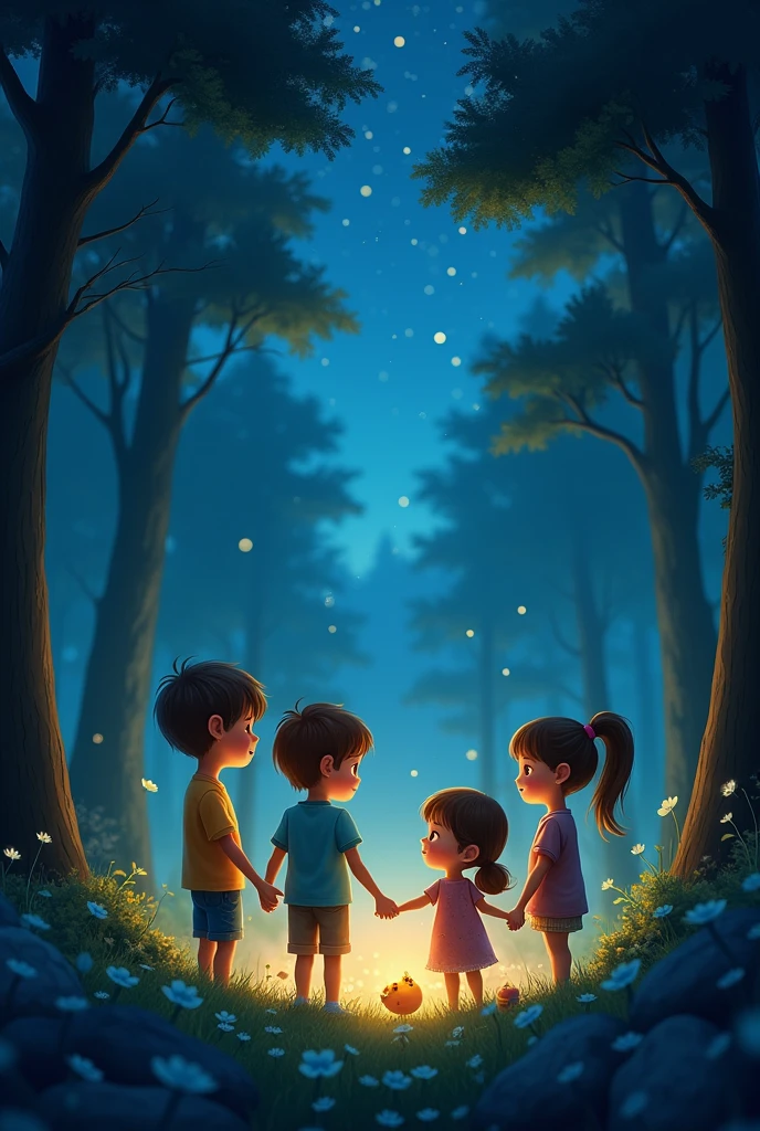 2 boy with 2 girl night with  view in forest