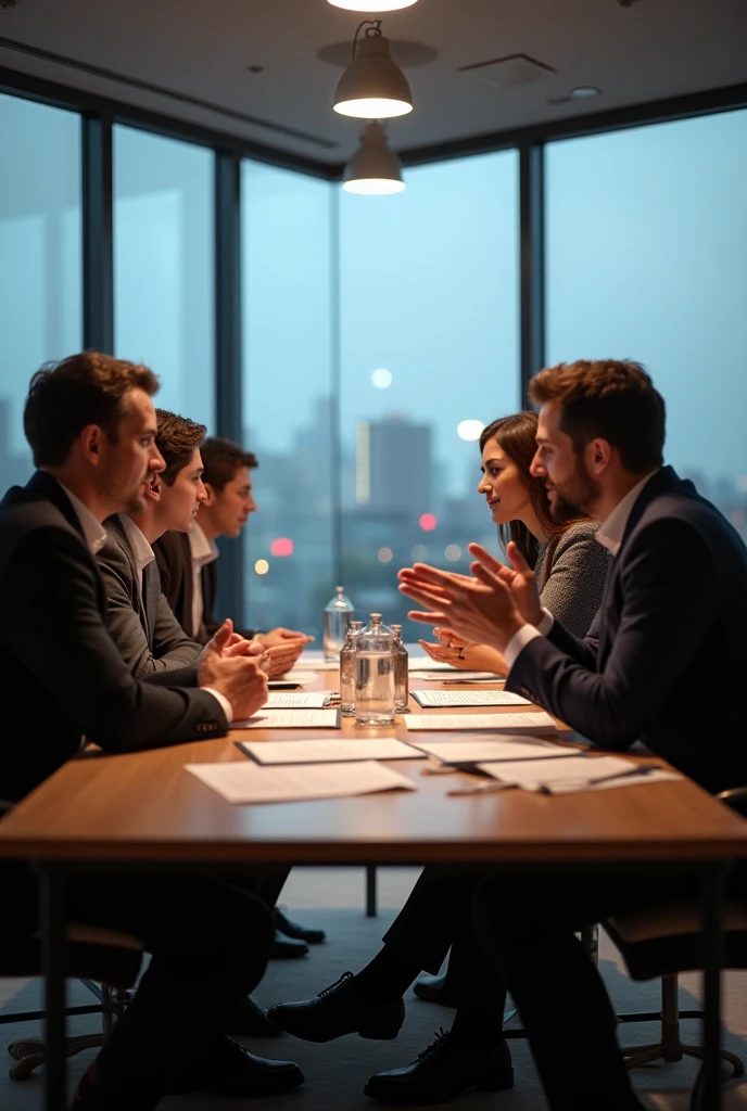 People gathered at a table, in a work meeting, Arguing