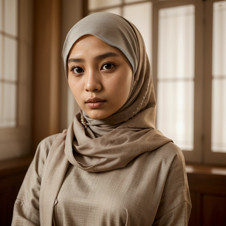 Beautiful baby fave, hijab, Javanese slim thin girl, droopiest flat thin chest, wearing chemistry