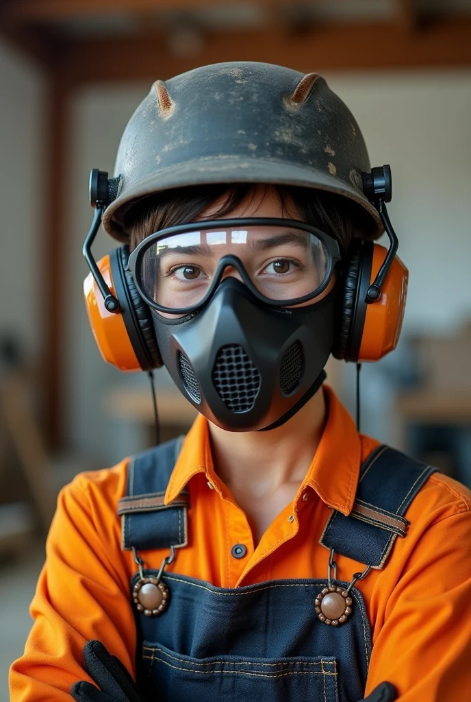 Person with Wood Cutting Gloves, Protective Glasses, Overalls, M920 V Face Mask, Headband Earmuffs, PUT IT ON ME THE SAME WAY BUT WITHOUT A HELMET 