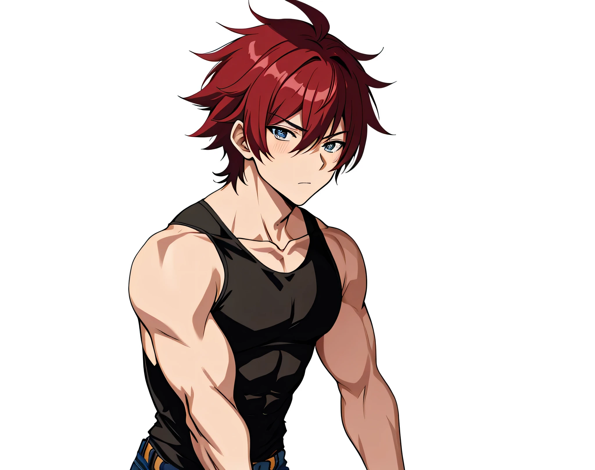 足を組んで床に座っているレッドの髪のAnime Boys, Anime Boys, Anime Styleキャラクター, clothing:Black Tank Top, boy wearing denim shorts, Anime Styleで, Anime Style, Anime Style, Muscular man, Knight of Zodiac Boy, with short red hair standing on end,, In anime style, Masculine and muscular, Skin tight tank top, Bare Arms, Bare shoulders,