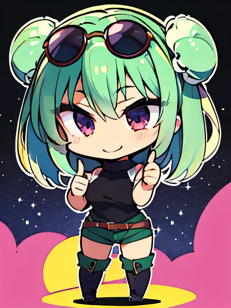 (highres), (best quality), (detailed), (chibi art style)1 girl, alone, medium hair, pastel green hair, twin buns, violet eyes, round black sunglasses on head, black sleeveless turtleneck top, green shorts, dark brown boots, thumbs up, smiling