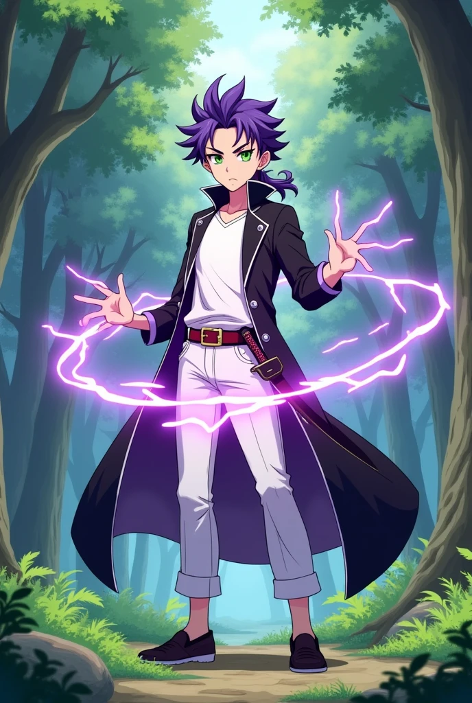 A Genshin impact character, that is average looking, purple hair, mullet haircut, green eyes, soft face but fierce, black overcoat with white pants and tshirt, about 187cm, in a scenery in the woods, where he showcases a three mana circle with purple lightning power, also has a katana on his right hips, it is anime style