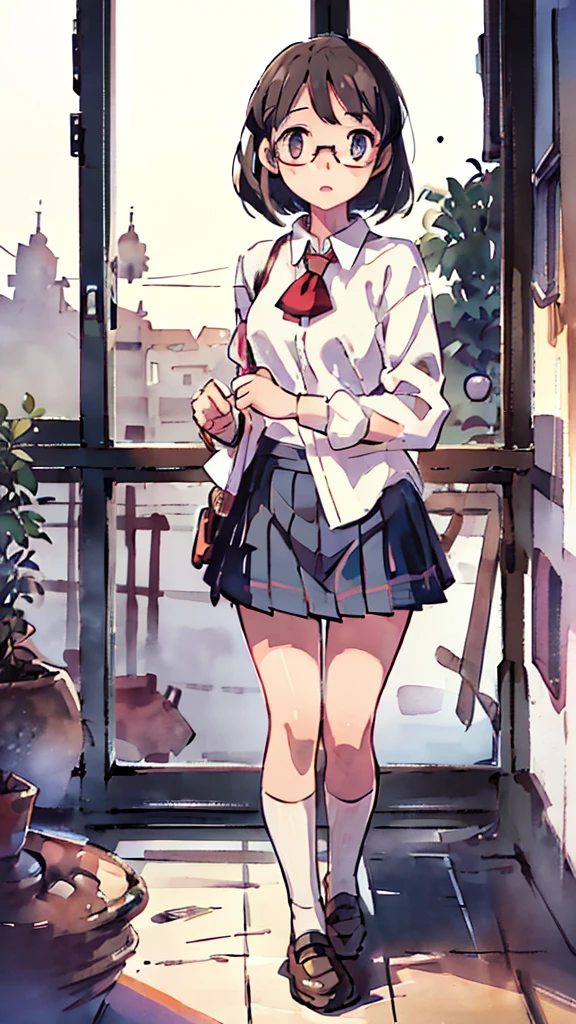 a beautiful detailed schoolgirl with short brown hair and red-framed glasses, wearing a white blouse and navy skirt, her white panties visible, navy socks and brown loafers, in a state of arousal and trembling with sexual climax, simple illustration style, in a nichijou (everyday life) setting, (best quality,4k,hdr,masterpiece:1.2),ultra-detailed,(realistic,photorealistic,photo-realistic:1.37),extremely detailed eyes and face,longeyelashes,vivid colors