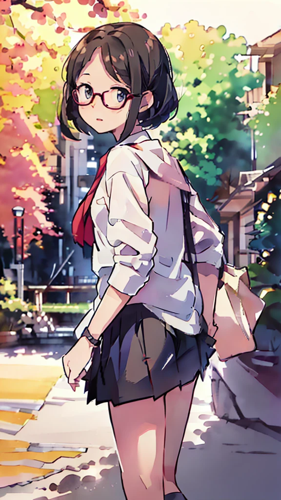 a beautiful detailed schoolgirl with short brown hair and red-framed glasses, wearing a white blouse and navy skirt, her white panties visible, navy socks and brown loafers, in a state of arousal and trembling with sexual climax, simple illustration style, in a nichijou (everyday life) setting, (best quality,4k,hdr,masterpiece:1.2),ultra-detailed,(realistic,photorealistic,photo-realistic:1.37),extremely detailed eyes and face,longeyelashes,vivid colors