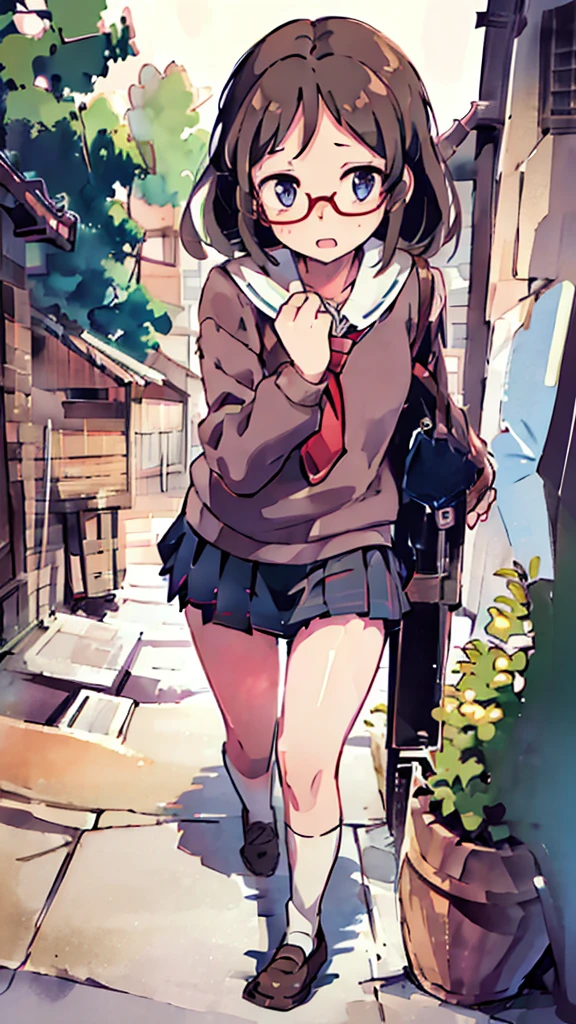 a beautiful detailed schoolgirl with short brown hair and red-framed glasses, wearing a white blouse and navy skirt, her white panties visible, navy socks and brown loafers, in a state of arousal and trembling with sexual climax, simple illustration style, in a nichijou (everyday life) setting, (best quality,4k,hdr,masterpiece:1.2),ultra-detailed,(realistic,photorealistic,photo-realistic:1.37),extremely detailed eyes and face,longeyelashes,vivid colors