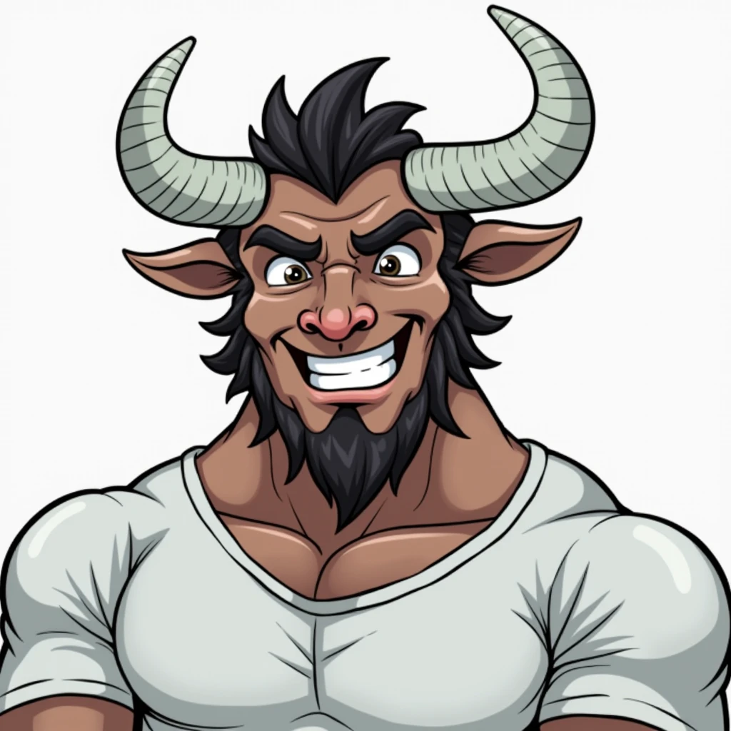 (Minotaur) mancon cabeza de toro , ( face with friendly expression) man , arms intertwined , (semi-muscular body build, design similar to the image prompts, 