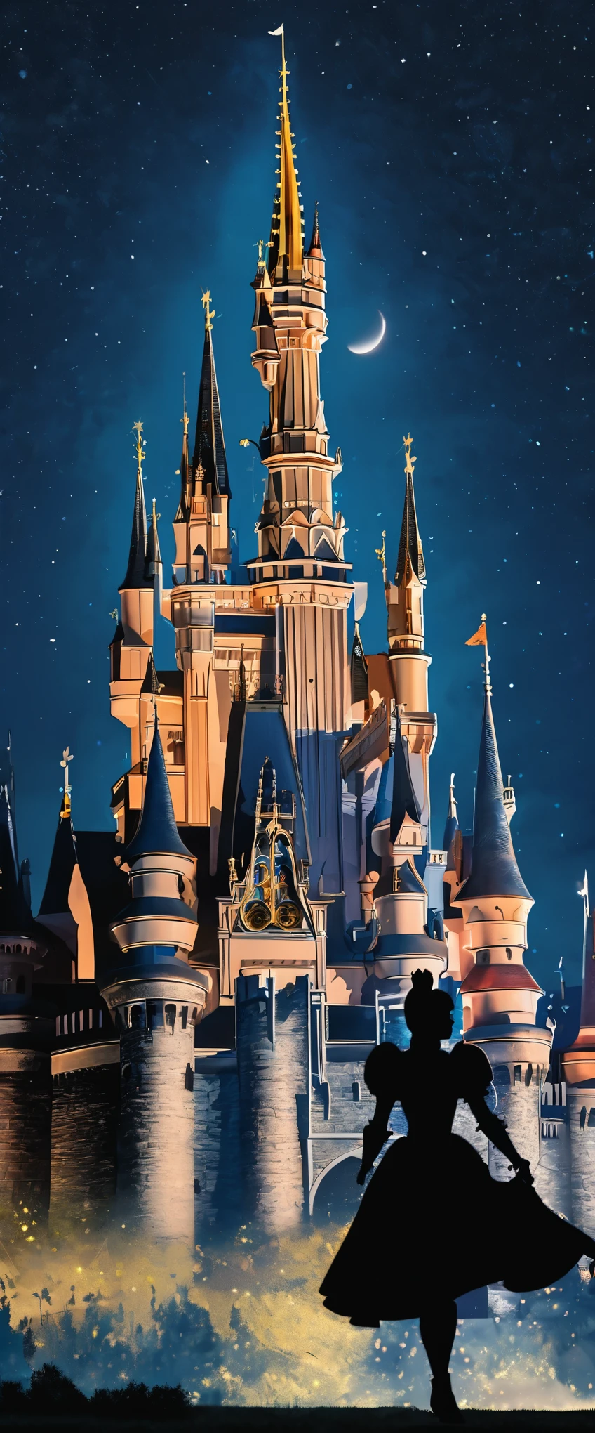 (8k, Highest quality, masterpiece),Double Exposure, silhouette, (, One Female Knight, ), Close-up, Moonlit Night, Cinderella Castle, Outdoor,