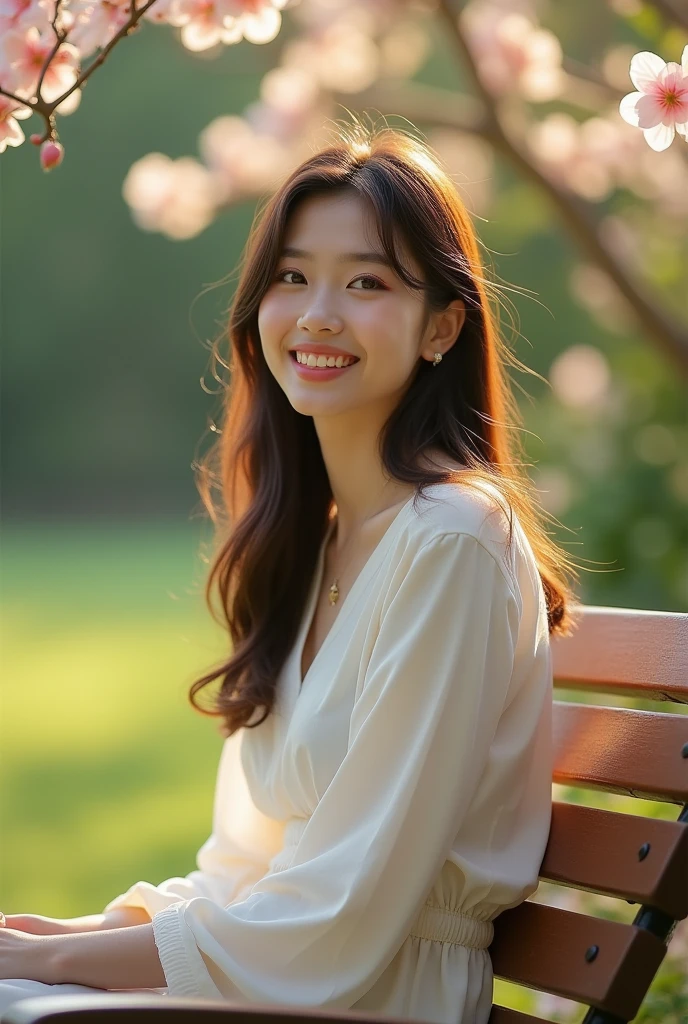 An ultra-realistic photograph captured with a Sony α7 III camera, equipped with an 85mm lens at F 1.2 aperture setting, portraying a young woman sitting on a wooden bench in a sunlit park. The background is beautifully blurred, highlighting the subject. The park is adorned with lush greenery and blooming flowers, creating a serene atmosphere. Soft sunlight gracefully illuminates the subject’s face and hair, casting a dreamlike glow. The image, shot in high resolution and a 16:9 aspect ratio, captures the subject’s natural beauty and personality with stunning realism –ar 16:9 –v 5.2 –style raw