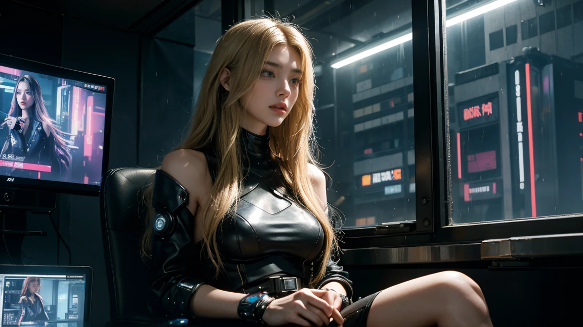 Beautiful, long-haired, beautiful-eyed, slender, blonde woman sitting in an office. ((cyberpunk style)), high-tech city, machine-enhanced, (high-tech fantasy), robotics, 3D games, Blade Runner 2049, Ghost in the Shell, realistic rain, near-future, neon,