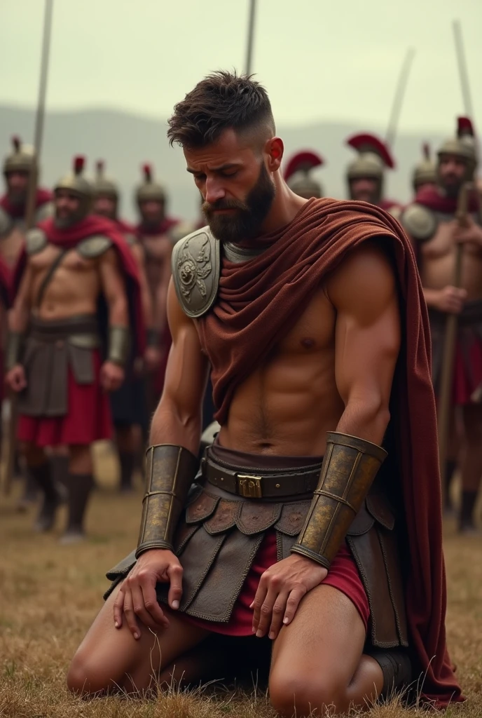 bare-chested Roman soldier, kneeling sad and crying in the middle of a battle that is already over.