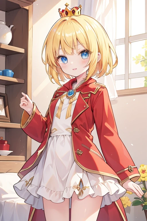 Girl1,Little Princess,guardian tales game,golden hair,blue eyes,cowboy shoot,short hair,red coat,Yellow shirt,crown