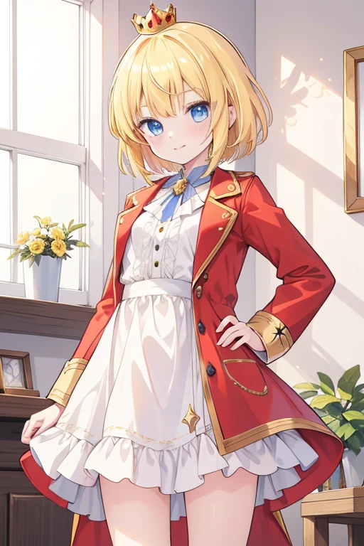 Girl1,Little Princess,guardian tales game,golden hair,blue eyes,cowboy shoot,short hair,red coat,Yellow shirt,crown