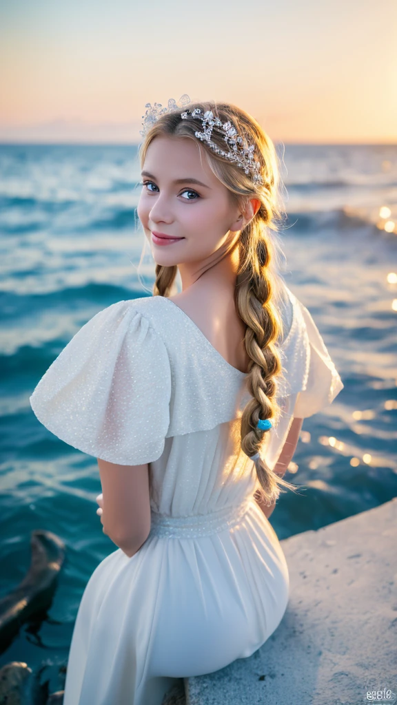 (best quality,8k,masterpiece,extremely refined and beautiful),(girl coming out of the sea),(swan princess in russian mythology),(beautiful calm face),(blue eyes),(long blonde hair braided),(moon braided hair on the back of the head),(white old russian shiny clothes),(kokoshnik crown on head),(affectionate eyes),(half smile),(gentle expression),(seascape background),(sunlight in background),(seagulls in sky),(full length),(realism)