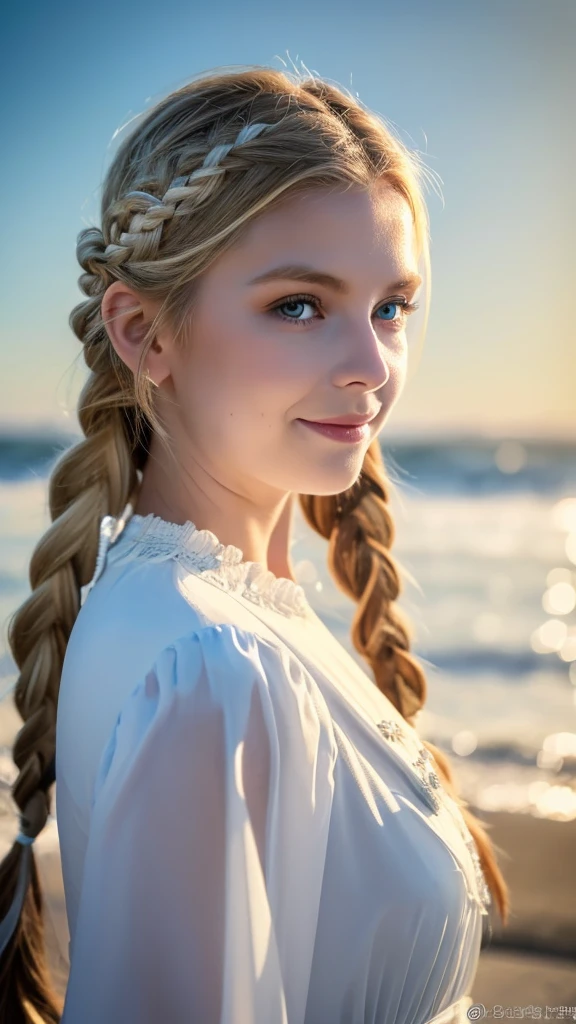 (best quality,8k,masterpiece,extremely refined and beautiful),(girl coming out of the sea),(swan princess in russian mythology),(beautiful calm face),(blue eyes),(long blonde hair braided),(moon braided hair on the back of the head),(white old russian shiny clothes),(kokoshnik crown on head),(affectionate eyes),(half smile),(gentle expression),(seascape background),(sunlight in background),(seagulls in sky),(full length),(realism)