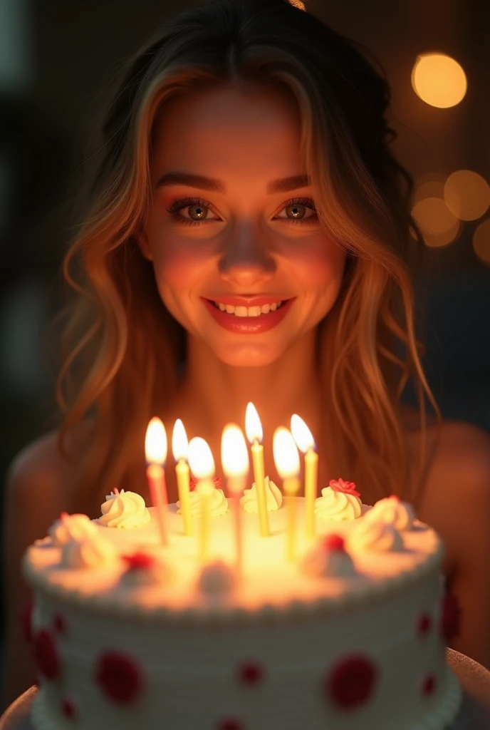 Closeup,large mammary glands, holding birthday cake to viewer ,candles on cake,face illuminated by candles,party room,Close up ,smiling,Invisible black background, picture of cute young girl facing the viewer,revealing party dress,heavy eye makeup,young Caucasian girl,bokeh, looks like xxxxx ,looks like like xxxxx,stylish brown hair with blonde highlights ,wedding hairstyle,ultra HD,intricate details,3d render,hyper maximalist,