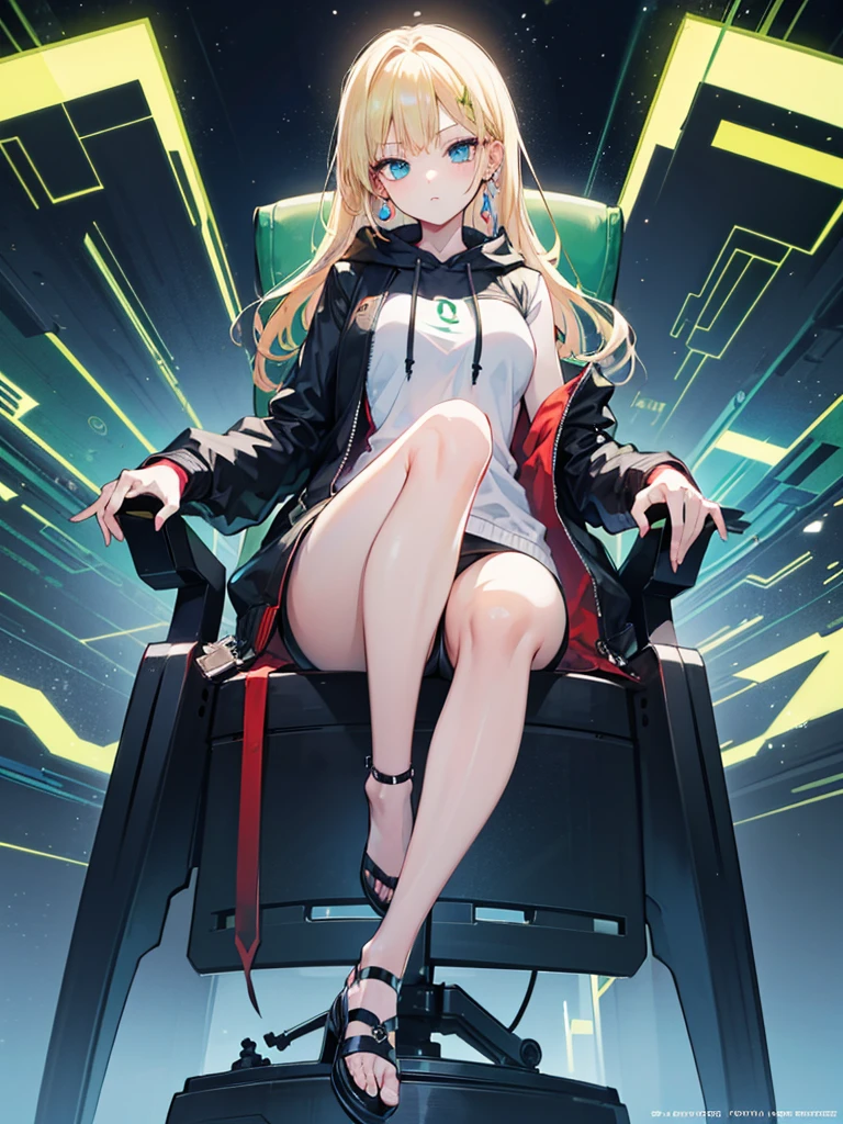 battle anime style,1girl,slender body,blue eyes,blonde hair,long hair,Thin and beautiful legs,leather hoodie with glowing green line,ultra detailed face,
in dark web cyber space,Sitting on a mechanical throne,