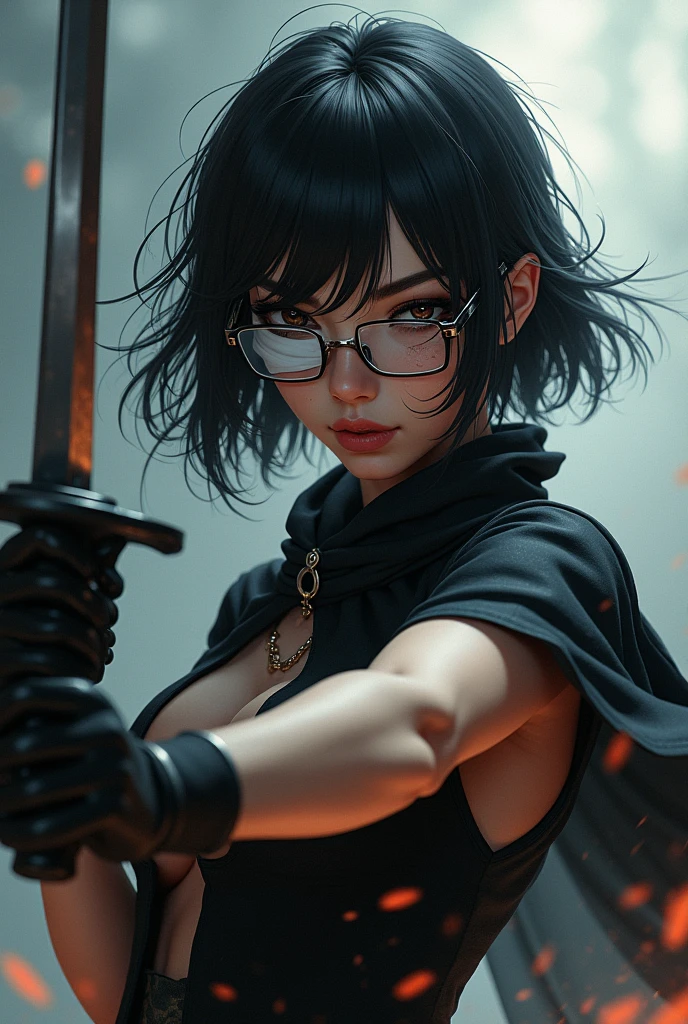 Japanese woman Glasses Slim and muscular Shortcuts
Burn scars on the face Handsome Girls cool White bandage on eye strong Black Cape Fight with a sword
