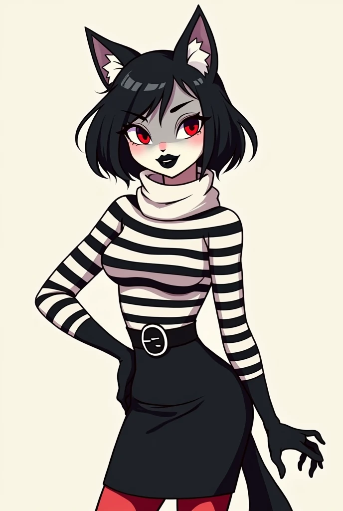 The image shows a cartoon-style furry wolf mime character in black and white, with some details in red.She is female.She wears a horizontally striped black and white outfit that covers her torso and arms. She has red eyes, black gloves, and a white scarf around her neck. She wears a black pencil skirt. She has a black belt around her waist, a black bob haircut, and thick black lips. sexy