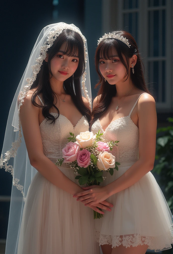 Make a ager skinny, of tall stature, completely straight black hair tied in a ponytail with straight bangs, Wear glasses and wear a wedding dress with a bouquet of white roses and a veil