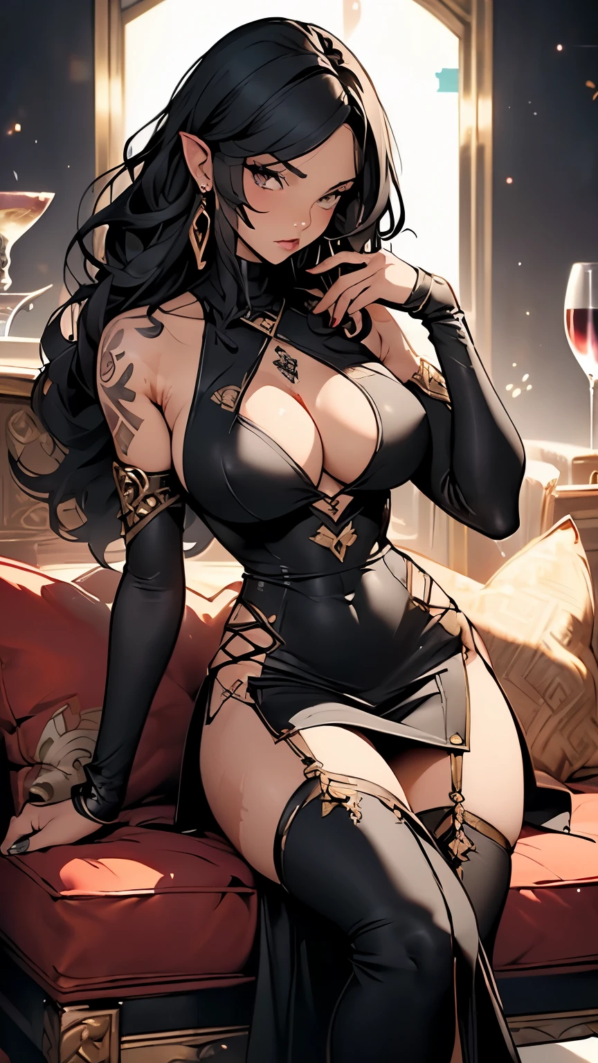 Sexy pose、(Black Hair、Dark Elf、(Sunburned skin:1.5))、(Female Mafia、Female Gangster、Celebrities、noble、Rich)、(Huge breasts)、(Black bodycon dress mini skirt:1.5)、(slit)、Gold string panties、Camel toe、(Revealing outfit)、(Fantasy decoration)、(((Wide Hips、Thick thighs、glamorous、curve、Are fat)))、(Black garter belt、Black long boots)、(slit)、NSFW、(big shoulder tattoo、big arm tattoo、big thigh tattoo、large tattoos all over the body,)、(Sit on a plush sofa、Luxury Room)、(casino、Gambling grounds)、(Holding a wine glass)、Camel toe