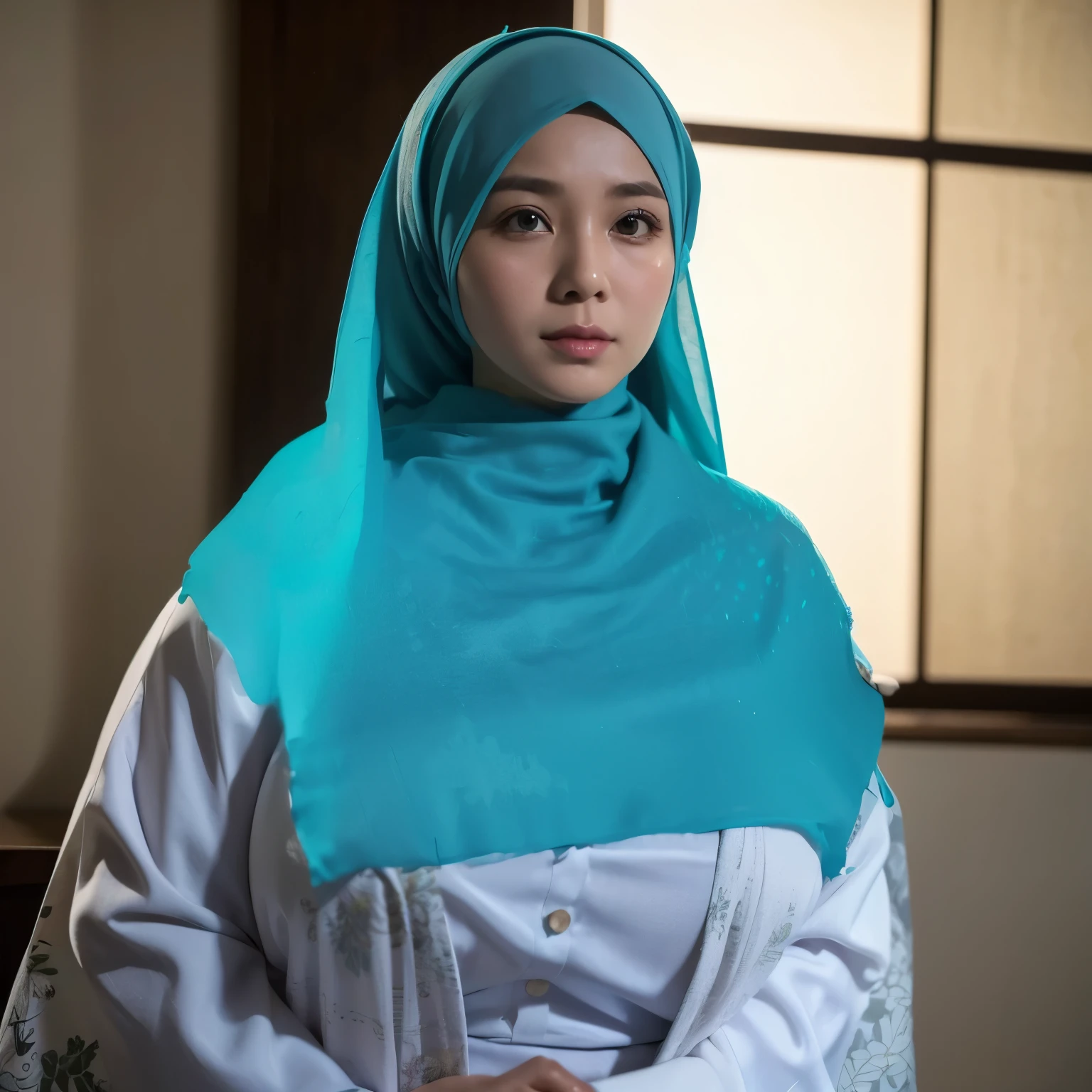 30 Years old, Indonesian mature woman, wearing Wide Hijab, perfect , natural Gigantic breast : 96.9, gorgeous eyes, Soft smile, wear a Yukata, No Wearing Bra, necklace, Breast about to burst Out, Nightime walk, Lewd Situation, Light Colour.