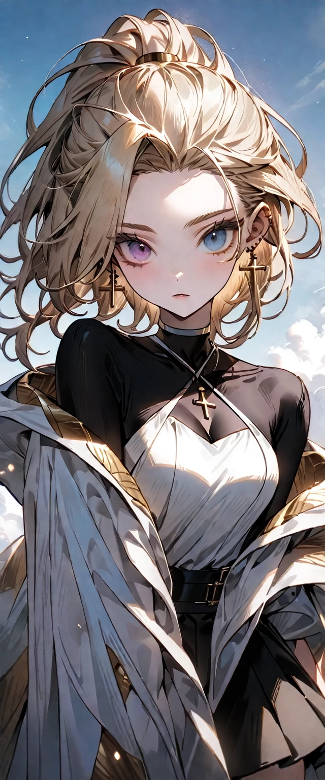 masterpiece Very detailed aldult Ultra-high resolution Higher resolution Highest quality Super detailed detailed woman High quality 8k Goddess Athena Gal with light makeup Wearing black equipment Pure white cloth ((mini skirt)) ((celestial robe:1.2)) God Cosplay Big eyes ((heterochromia,pink eye,sky blue eye)) Blonde ((Short Hair)) ponytail Hair tied up high Pulling up bangs Center-parted bangs forehead ((slicked back hair)) Forehead ((An oversized dress made of fabric that crosses over the neck)) ((criss-cross halter)) Cloth halter There are folds in the clothes Shoulder ((Cleavage)) Upper Body