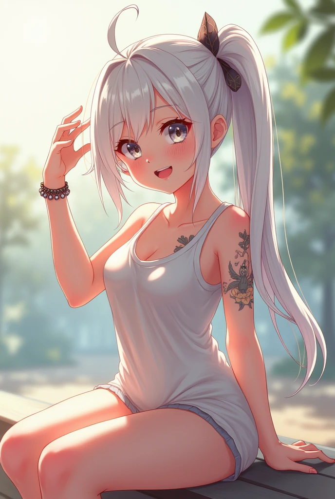 very fine 8kcg wallpaper,white hair,best masterpiece,masterpiece,((((5 )))),(petite),c,kawaii,baby face,curacelet,(side pony tail),long hair,realistic detailed hair,heartily laugh,outdoor,((((tatoo)))),(flat chest),(skinny legs),(slim thin),((slim thighs)),nsfw,(