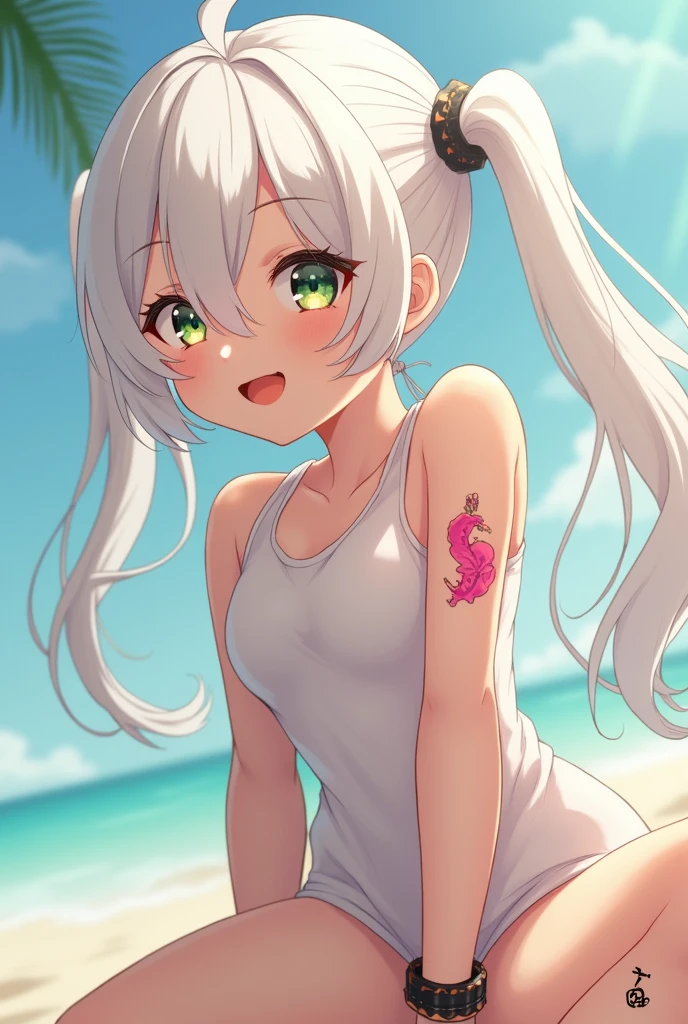 very fine 8kcg wallpaper,white hair,best masterpiece,masterpiece,((((5 )))),(petite),c,kawaii,baby face,curacelet,(side pony tail),long hair,realistic detailed hair,heartily laugh,outdoor,((((tatoo)))),(flat chest),(skinny legs),(slim thin),((slim thighs)),nsfw,(