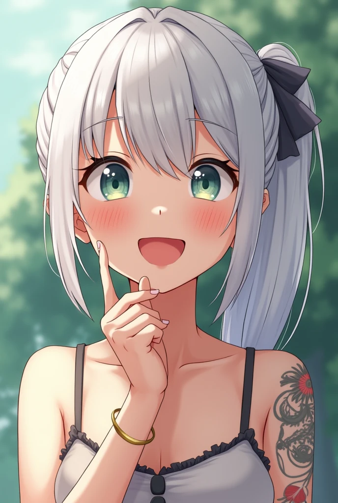 very fine 8kcg wallpaper,white hair,best masterpiece,masterpiece,((((5 years old)))),(petite),cute,kawaii,baby face,cute eyes,bracelet,(side pony tail),long hair,realistic detailed hair,heartily laugh,outdoor,((((tatoo)))),(flat chest),(skinny legs),(slim thin),((slim thighs)),nsfw,(